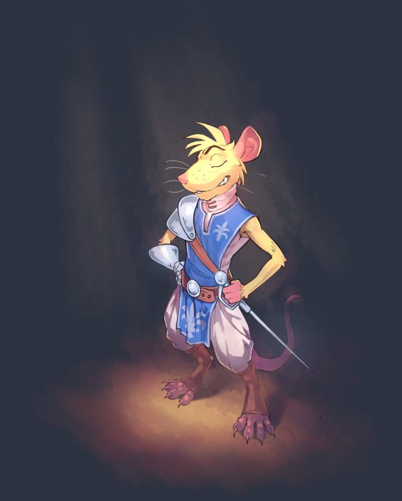 A blonde mouse stands smugly, needle in hand